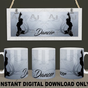 May include: Three white ceramic mugs with a gray and white design featuring a silhouette of a dancer and the word "Dancer".