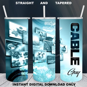 May include: A straight and tapered tumbler with a blue and white design. The tumbler features images of computer screens and the words "CABLE Guy". The tumbler includes a white straw and a lid.
