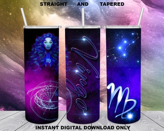 Tumbler sottile da 20 once, design a sublimazione, Vergine, design zodiacale per file PNG dritto/conico, download digitale