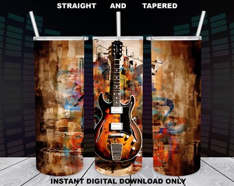 May include: A digital download design for a tumbler featuring an abstract, colorful, and textured background with a vintage-style electric guitar in the center. The design is available in both straight and tapered styles.