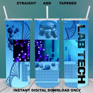 May include: A blue and black tumbler with a design featuring a microscope, DNA strands, and a periodic table. The text "LAB TECH" is printed on the tumbler.