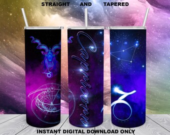 Tumbler sottile da 20 once, design a sublimazione, design dello zodiaco del Capricorno per file PNG dritto/conico, download digitale