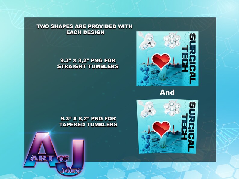May include: Two digital designs for straight and tapered tumblers. The designs feature a blue background with a red heart, a stethoscope, and the text "SURGICAL TECH".