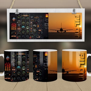 May include: Three white ceramic mugs with different designs. One mug features a cockpit instrument panel, another has a sunset with a plane flying over it, and the third mug has a sunset with a plane flying over it and the word "PILOT" in gold letters.