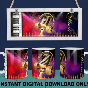 Könnte beinhalten: Ein Set aus drei weißen Keramikbechern mit einem farbenfrohen Design, das ein goldenes Mikrofon, Klaviertasten und das Wort "Musik" zeigt.