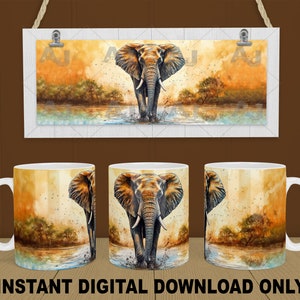 Elephant in Watercolor, 11oz, 12oz and 15oz Mug Sublimation Designs, PNG Files, Full Wrap For Mug, 300 DPI