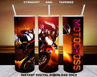 May include: A digital download design for a straight or tapered tumbler featuring a motocross rider in action against a sunset background. The text "MOTOCROSS" is displayed vertically on the tapered tumbler design.