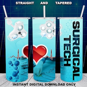 May include: A set of three sublimation designs for a tumbler featuring a blue background with a heart, a medical light, and the text "SURGICAL TECH".