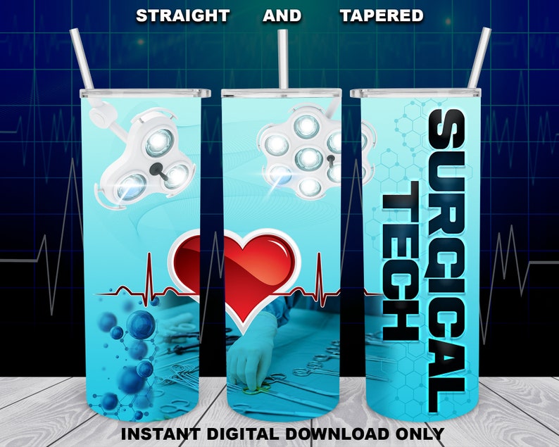 May include: A set of three sublimation designs for a tumbler featuring a blue background with a heart, a medical light, and the text "SURGICAL TECH".