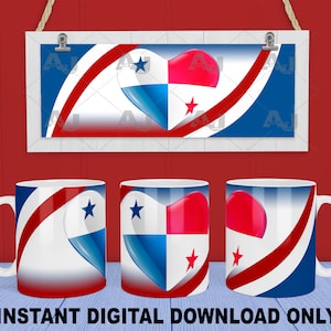 Drapeau du Panama dans un coeur, 11oz, 12oz et 15oz Mug Sublimation Designs, Fichiers PNG, Full Wrap For Mug, 300 DPI