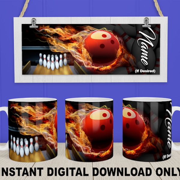 Bowling Ball in Flames, 11oz, 12oz and 15oz Mug Sublimation Designs, PNG Files, Full Wrap For Mug, 300 DPI