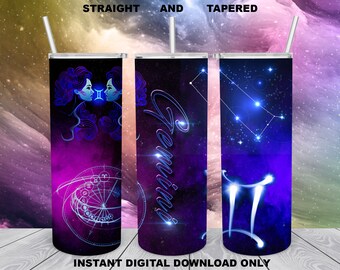 Tumbler sottile da 20 once, design a sublimazione, Gemelli, design zodiacale per file PNG dritto/conico, download digitale