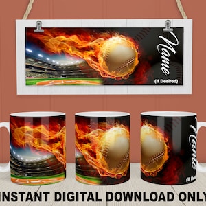May include: Three 11-ounce coffee mugs with a baseball and flames design. The mugs are white with a black interior and a black handle. The design features a baseball on fire with a stadium in the background. The text "Name (If Desired)" is on the mug.