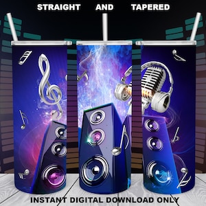 Music Notes, Speakers, Headphones and Mic, 20oz Skinny Tumbler, Sublimation Design for Straight/Tapered, PNG File, Digital Download, 300 DPI