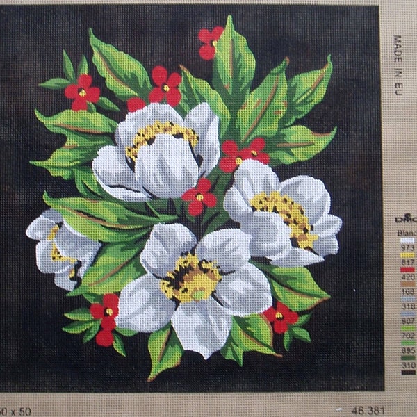 White Flowers on Black PRINTED CANVAS  for Needlepoint - Size Large (20" x 20" )