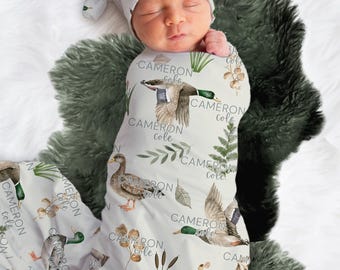 Mallard Duck Swaddle Set, Duck Baby Blanket, Personalized Swaddle Blanket + Headband Bow or Hat, Duck Hunter Baby Blanket, Duck Nursery