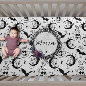 Gothic Bats and Skulls Crib Sheet, Personalized Goth Floral Bedding for Newborn
