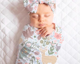 Woodland Swaddle Set for Newborn Baby Girl, Forest Animals Receiving Blanket, Boho Swaddle Blanket + Headband or Hat