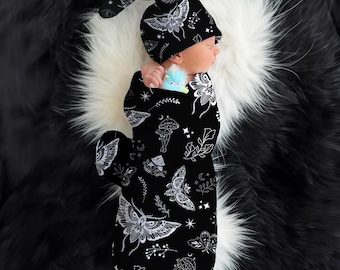 Black Moth Swaddle Blanket, Goth Baby Swaddle, Witchy Luna Moths Blanket + Headband or Hat, Heavy Metal Baby, Oversized Swaddle Blanket