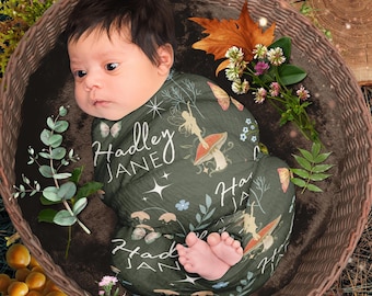 Personalized Baby Fairies Swaddle Blanket Set, Woodland Receiving Blanket, Mushrooms Swaddle, Customized Gender Neutral Newborn Swaddle