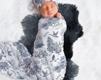 Toile Duck Swaddle Set, Duck Baby Blanket, Personalized Swaddle Blanket + Hat, Duck Hunter Baby Blanket, Duck Nursery