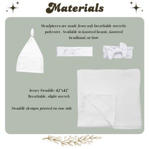 May include: White baby accessories, including a knotted beanie, two headbands, and a bow, are displayed. A folded white jersey swaddle blanket is also shown. The text reads "Materials" and details about the items.