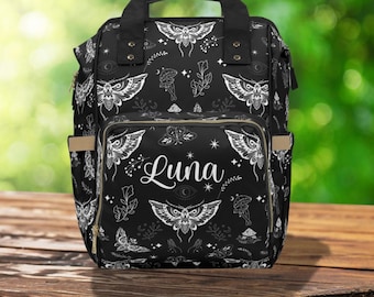 Black Moth Goth Diaper Backpack, Celestial Witchy Baby Shower Gift Idea, Insulated Travel Bottle Cooler, Boho Moms Dads New Parents