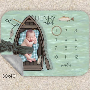 Fishing Baby Milestone Blanket, Personalized Lake Themed Nursery, Trout and Bass Fisherman, Custom Baby Fisherman Growth Tracker Blanket