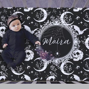 Gothic Bats and Skulls Crib Sheet, Personalized Goth Floral Bedding for Newborn