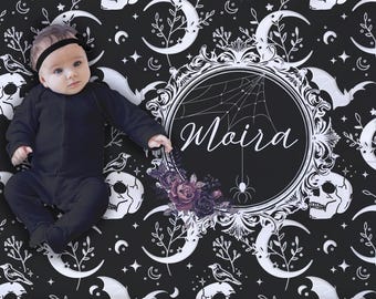 Gothic Bats and Skulls Crib Sheet, Personalized Goth Floral Bedding for Newborn