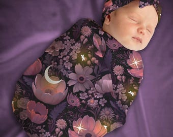 Goth Florals and Moons Swaddle Blanket, Goth Baby Swaddle, Witchy Firefly Blanket + Headband or Hat