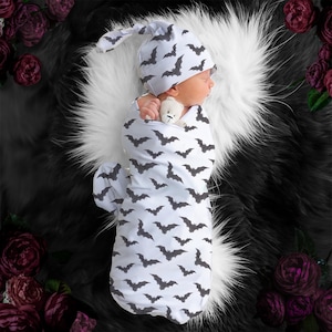 Spooky Bats Swaddle Blanket, Pastel Goth Baby Swaddle, Witchy Bat Blanket + Headband or Hat, Bow