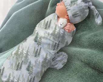 Personalized Watercolor Baby Swaddle Blanket Set, Pine Tree Forest Blanket for Newborn, Woodland Receiving Blanket, Oversized Swaddle