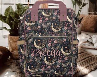 Goth Luna Moth Diaper Backpack, Celestial Witchy Baby Shower Gift for Boho Moms, Insulated Bottle Cooler, New Parents Travel Bag
