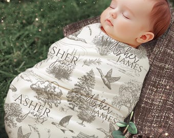 Toile Duck Swaddle Set, Duck Baby Blanket, Personalized Swaddle Blanket + Hat, Duck Hunter Baby Blanket, Duck Nursery, Chinoiserie Baby
