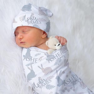 Bunny Rabbit Swaddle Blanket + Knotted Beanie Hat for Boy| Bunny Blanket | Woodland Baby Blanket Set | Blue Bunnies