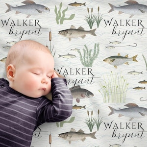 Gepersonaliseerde visbabydeken, kinderkamer meerthema, forel- en baarsvisser, aangepaste babyvissersdeken in nerts en sherpa