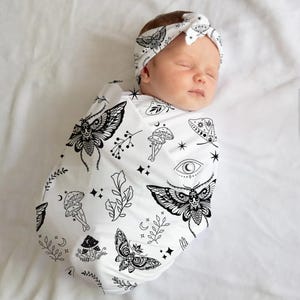 Goth Baby Swaddle, Witchy Luna Moths Blanket + Headband or Hat, Heavy Metal Baby, Oversized Swaddle Blanket
