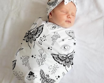 Goth Baby Swaddle, Witchy Luna Moths Blanket + Headband or Hat, Heavy Metal Baby, Oversized Swaddle Blanket