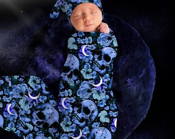 Goth Skulls and Moons Swaddle Blanket for Baby Boy, Goth Baby Swaddle, Witchy Skull Blanket + Headband Bow or Hat, Pastel Goth Newborn