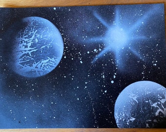 2 Black and White Planets and a Stars Spray Paint Art