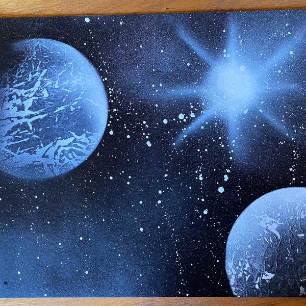 2 Black and White Planets and a Stars Spray Paint Art