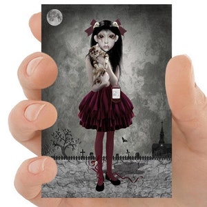 吸血鬼の少女と猫の ACEO カード | ゴシック アート、ダーク ファンタジー、かわいいホラー