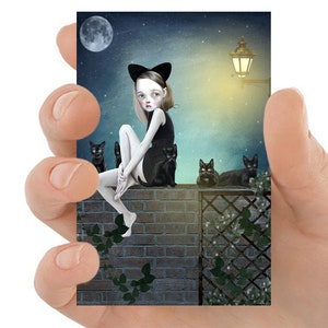 Fille et chat noir ACEO Art - Cartes à collectionner artiste fantaisiste