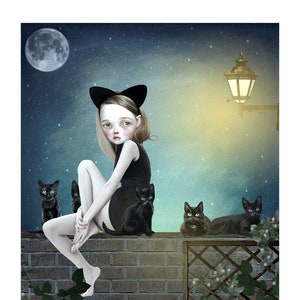 Girl and Black Cats in the Moonlight Art Print, Pop Surrealism Wall Art