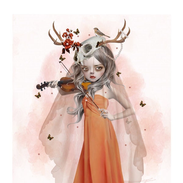 Surrealistische Art Print - vrouw speelt viool, lage wenkbrauw kunst
