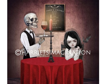 Creepy Cute Gothic Art Print - Skeleton And Vampire - Gothic Home Decor
