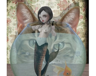 Mermaid Print - Pop Surrealism Lowbrow Art, Quirky Home Decor