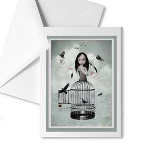 Surrealism Art Greeting Card Of Bird Cage Girl And Birds