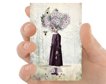 Flower Girl Artist Trading Card - Quirky Art, ACEO, Floral Mini print